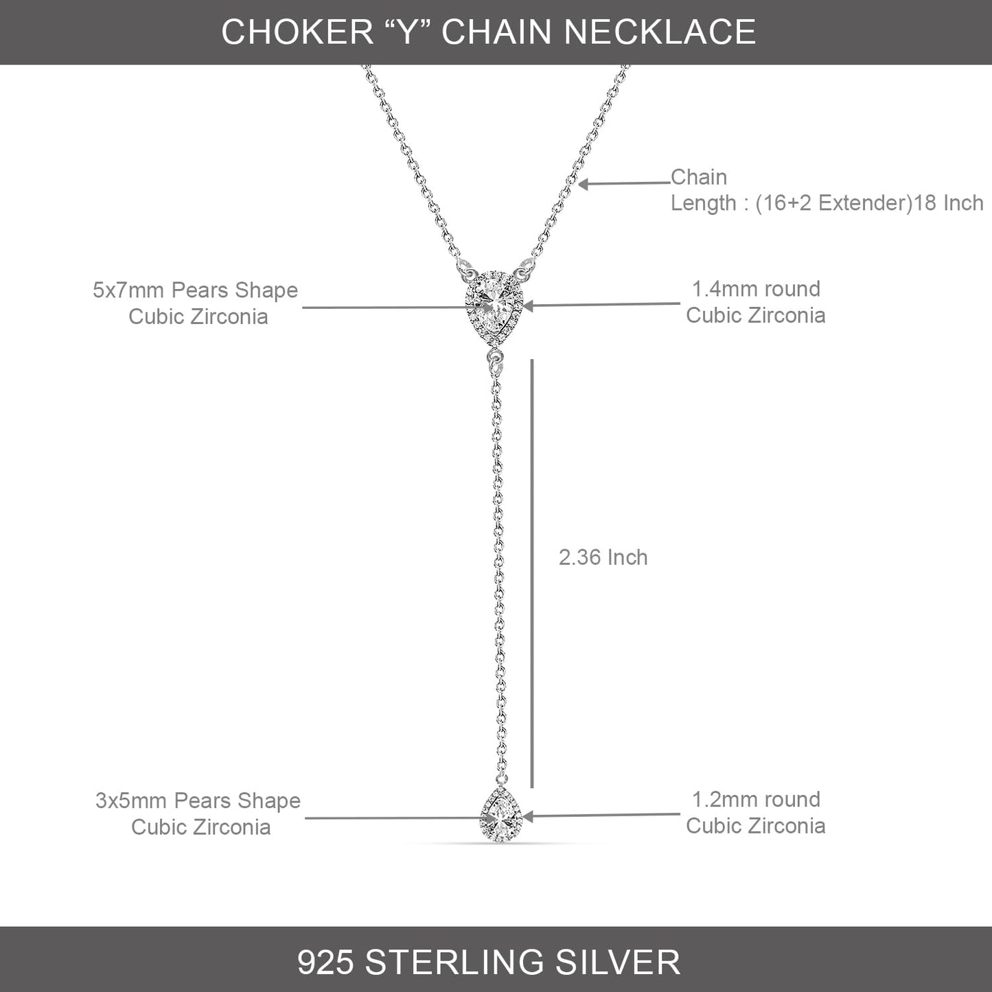LeCalla 925 Sterling Silver Adjustable CZ Lariat Necklace for Women Simple CZ Y Necklace Jewelry Cable Chain Necklace with Lobster Claw Clasp 18 Inches