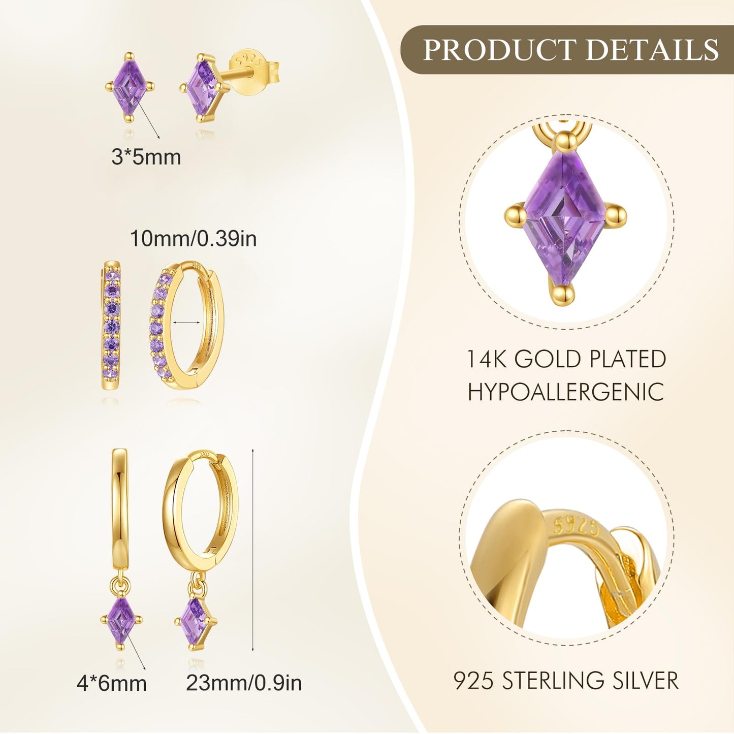 Angelady Gold Hoop Earrings Set for Women, Dainty 14K Gold Plated Purple Earrings, Hypoallergenic Purple Dangle Cartilage Huggie Hoop Earring Stacks, Amethyst Earring Trendy Jewelry Gifts