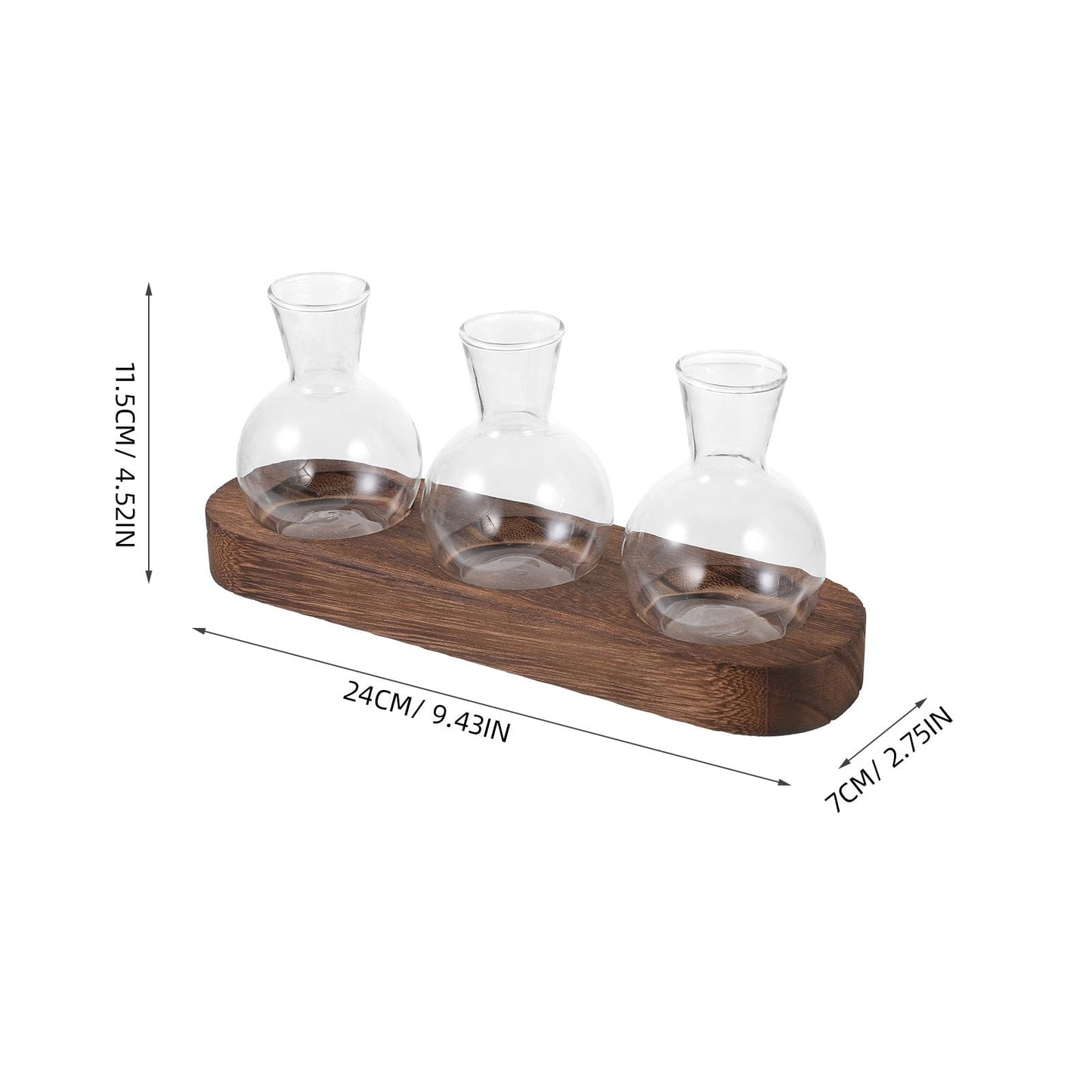 OSOLADY Decorative Glass Plant Vase Set with Wooden Base, Hydroponic Flower Planter for Office and Home Desk, 3pcs Water Cultivation Terrarium Arrangement
