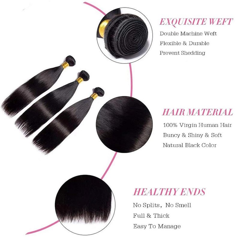 Straight Human Hair Bundles 14 16 18 Inches Brazilian 100% Unprocessed Virgin Hair Weave Bundles Human Hair Straight Weft Natural Black Color Hair Extensions for Women