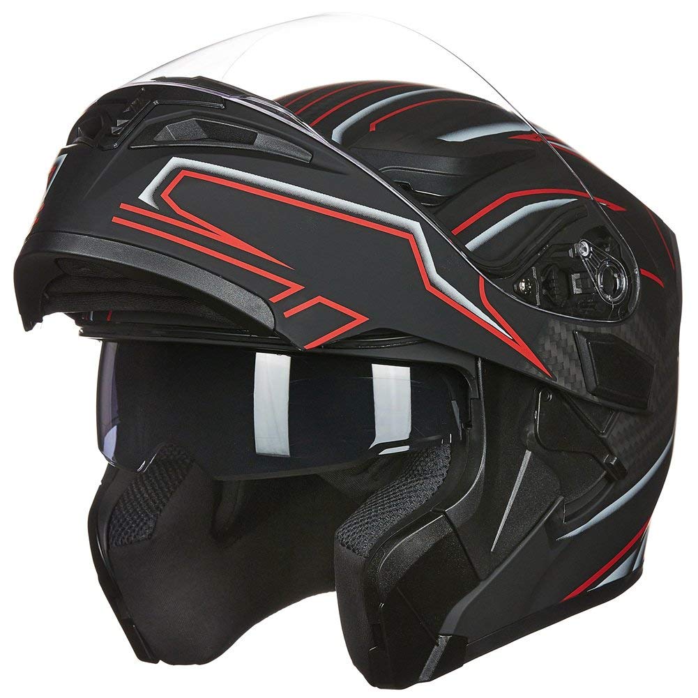 ILM Motorcycle Dual Visor Flip up Modular Full Face Helmet DOT LED Light Model 902L (L, Black RED - LED)