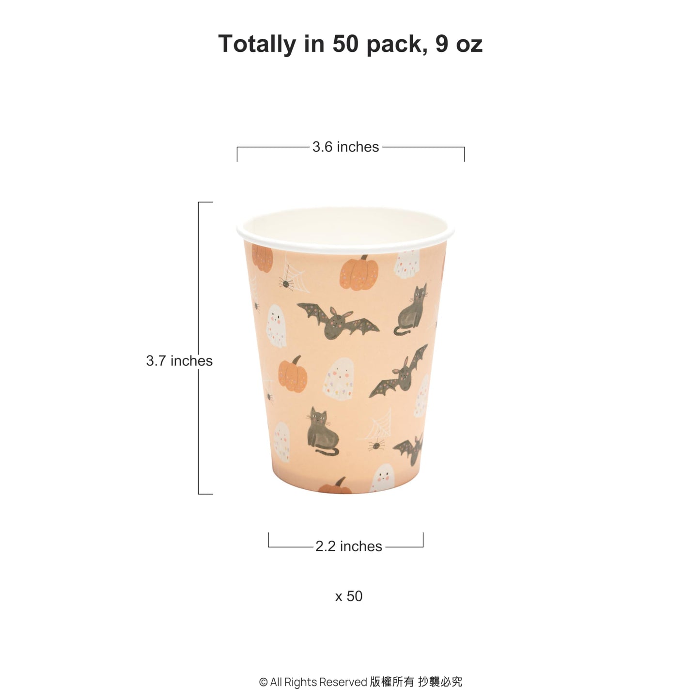 Cheerland Halloween Party Cups Pumpkin Disposable Paper Cups for Kid Spooky Ghost Birthday Party Cup Pink Halloween with Pastel Bat Cat Print Kids Birthday Summerween Supplies Pack of 50