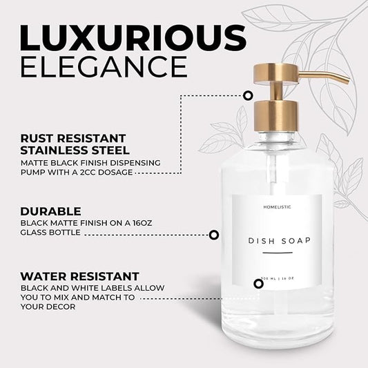 Homelistic Clear Glass Soap Dispenser Set with Champagne Gold Pump – 16oz Refillable Kitchen & Bathroom Soap Dispensers (2 Pack) Rust-Resistant Stainless Steel Pumps, 48 Labels
