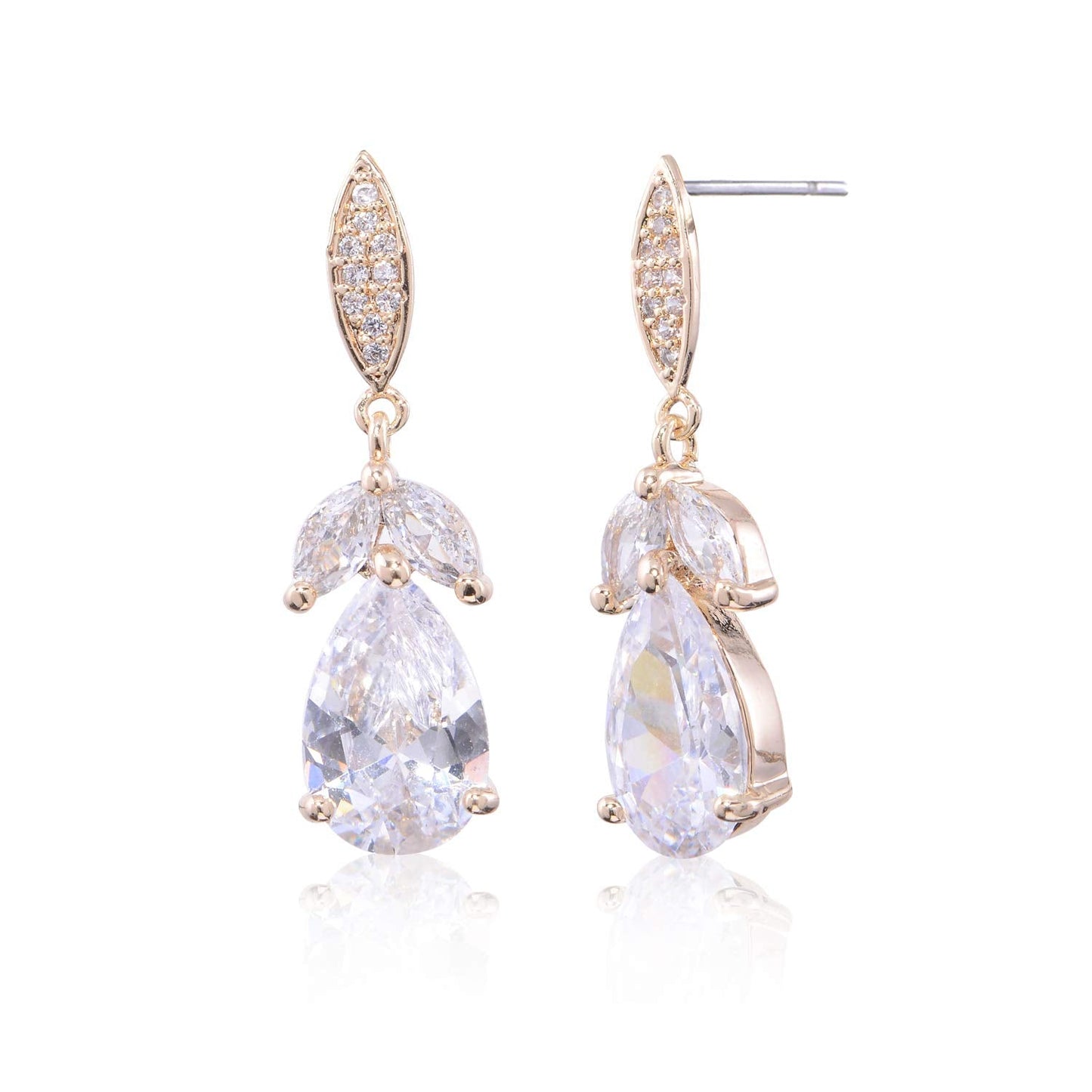 Women's Cubic Zirconia Bridal Earring - Elegant 14k Gold Plated Teardrop Cluster Floral Leaf CZ Crystal Rhinestone Wedding Earring for Bride Bridesmaids Mother of Bride Party Prom