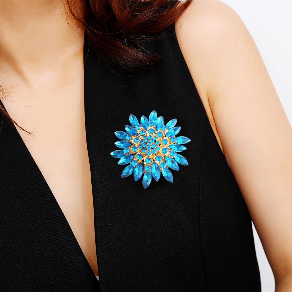 Rhinestone Large Flower Brooches Pins for Women Fashion Sparkly Crystal Sunflower Statement Brooch Wedding Party Suit Dress Formal Jewelry Accessories (Blue)