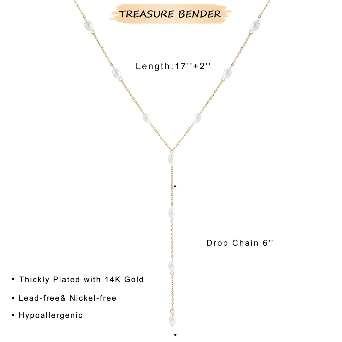 Treasure Bender Lariat Pearl Gold Necklace for Women Dainty Long 14k Gold Plated Y-Shaped Body Chain Choker Necklace Pendant Charm Necklaces Trendy Non Tarnish Gold Jewelry for Women