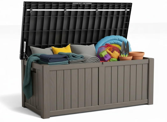 120 Gallon Resin Deck Box, Outdoor Storage Chest for Patio Furniture Cushions, Garden Tools, Pool Accessories | Lockable, Waterproof, All-Weather, Easy Assembly, Wood Grain Design