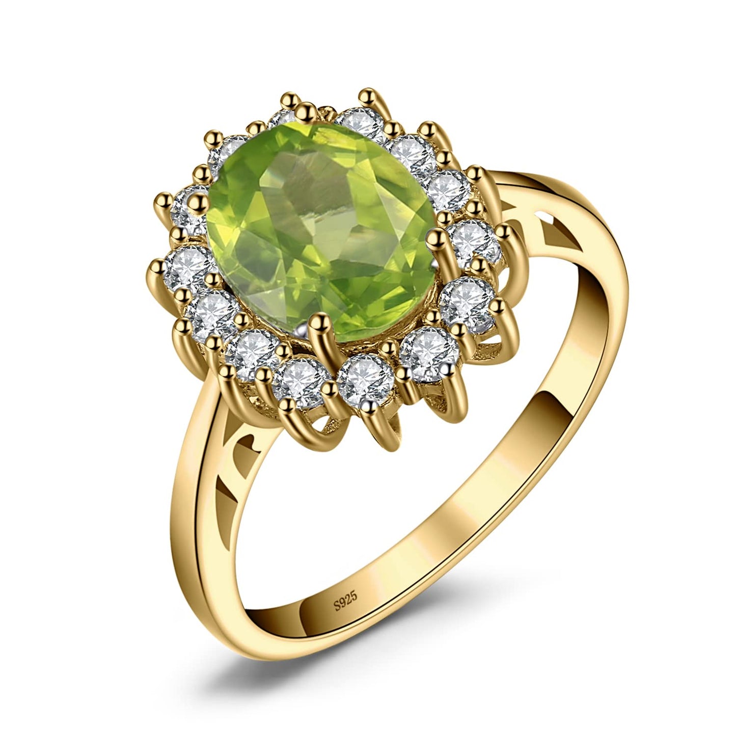 JewelryPalace Princess Diana Kate Middleton Gemstone Birthstone Genuine Peridot Halo Statement Engagement Rings for Women, 14K Yellow Gold Plated 925 Sterling Silver Promise Rings for Her Size 10.5