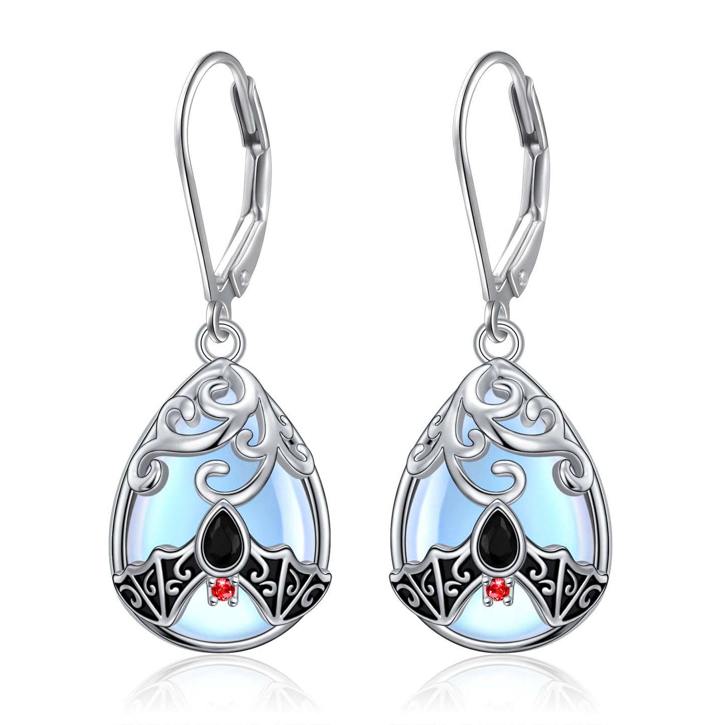 SHAOAN 925 Sterling Silver Bat Moonstone Dangle Drop Earrings for Women Leverback Animal Earrings Jewelry Gift for Halloween Birthday Christmas