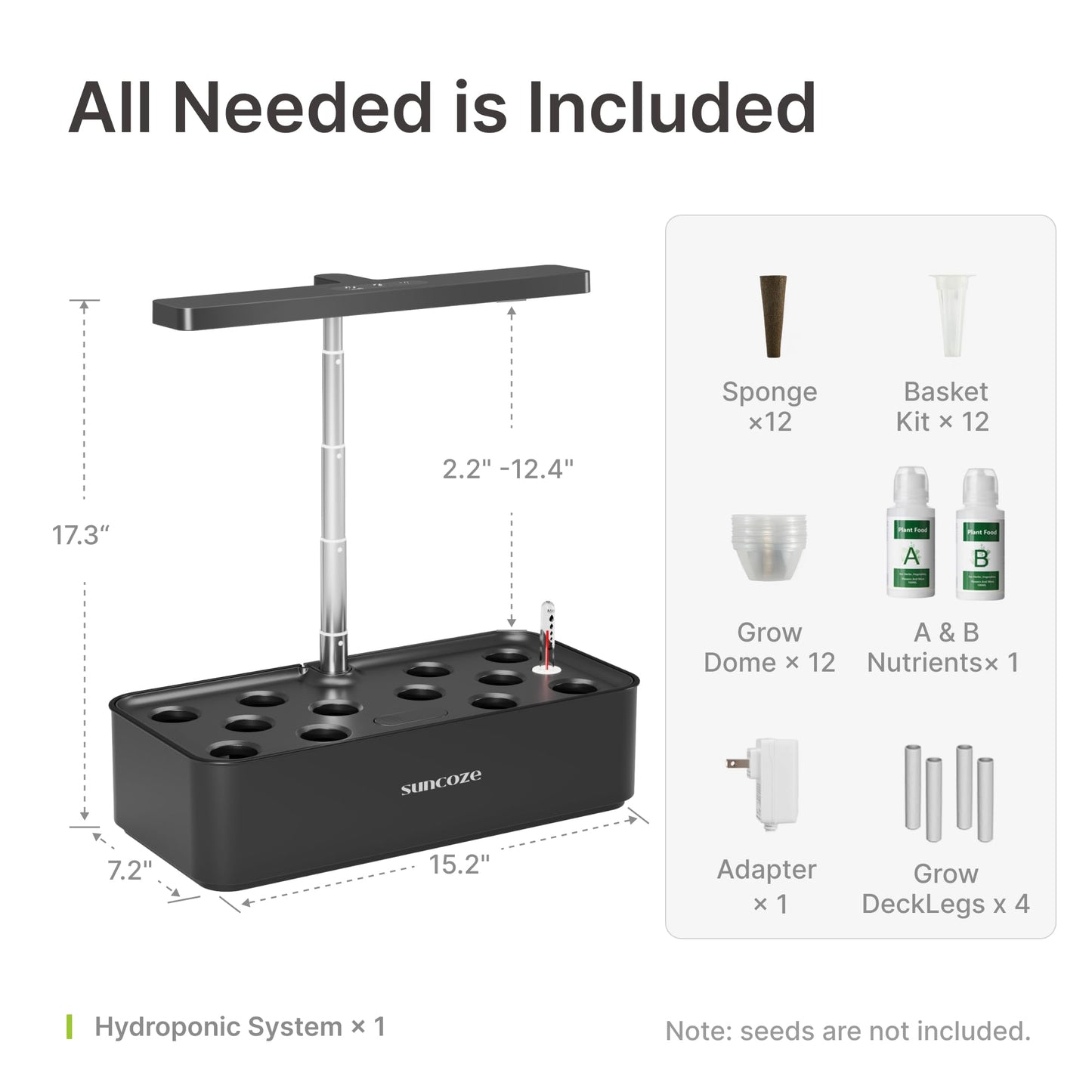 SUNCOZE Hydroponics Growing System Kit 12 Pods, 24W LED Grow Light Indoor Garden, 4L Water Tank with Quiet Pump, Adjustable Height Herb Garden Planter Indoor Kit, Gardening Gifts, Black