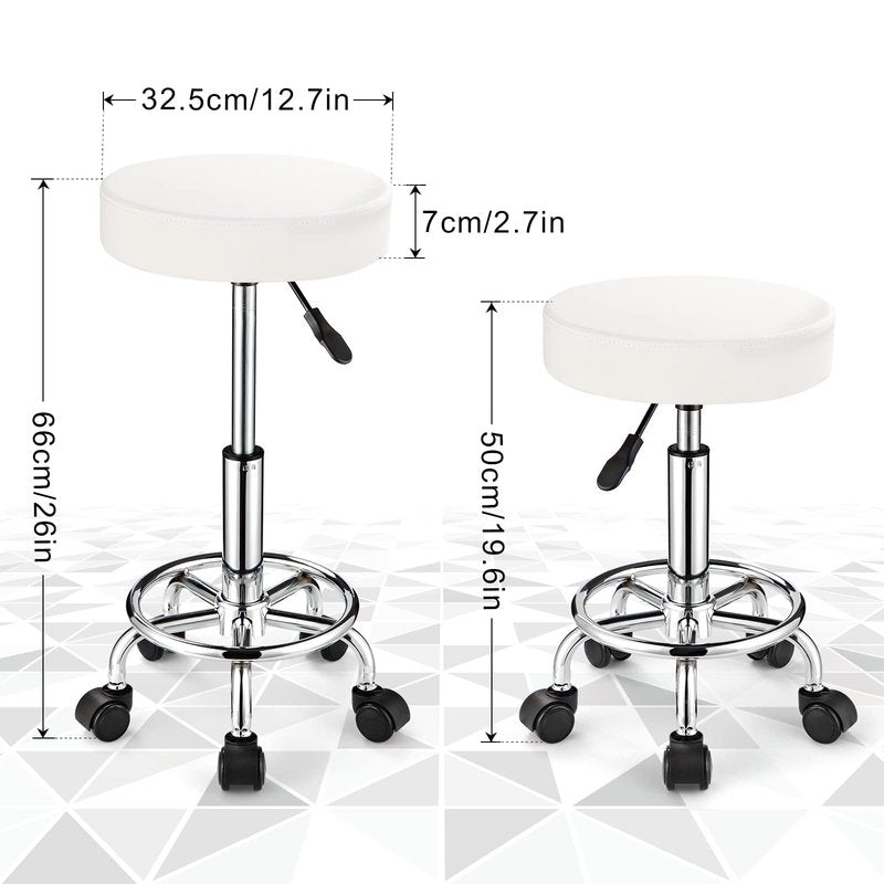 FNZIR Adjustable Stool with Wheels, Modern Round Rolling Stool for Spa Salon Massage Office, White PU Leather Seat, 250 lbs Capacity