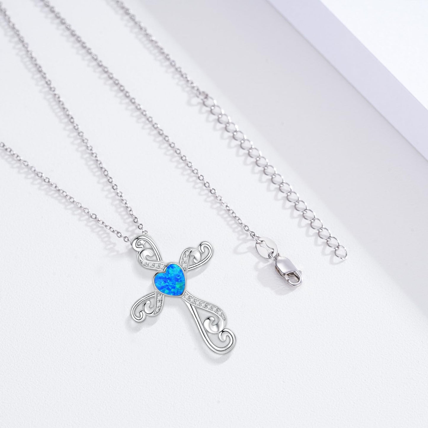 Twoowl Cross Necklace for Women 925 Sterling Silver Blue opal Cross Pendant Religious Necklace Cross Jewelry Gifts Birthday Christmas for Mom