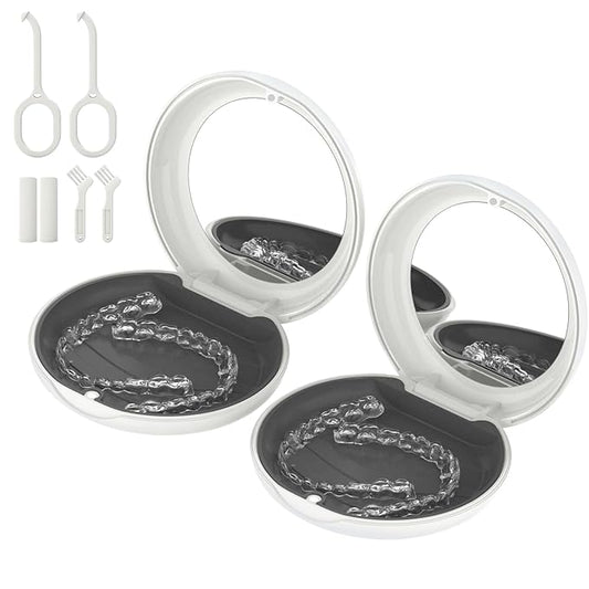 2 Pack Retainer Case with Mirror, Compatible with Invisalign, Slim Aligner Case for Travel, Includes Removal Tools, Seaters & Brush, Magnetic Secure Closure Retainer Box - White