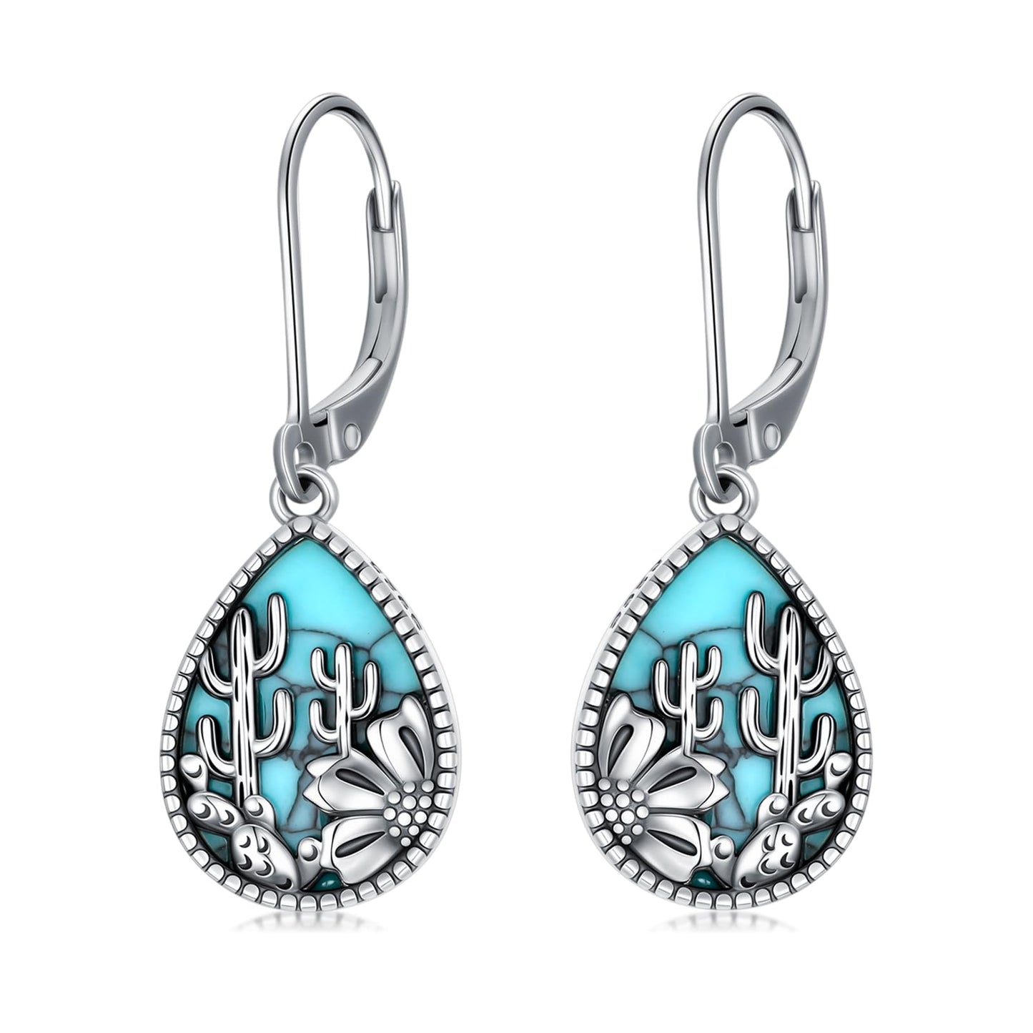 KoyeKei Cactus Dangle Drop Earrings for Women Country 925 Sterling Silver Turquoise Cactus Leverback Earrings Dangling Western Jewelry Christmas Gifts for Plant Lovers