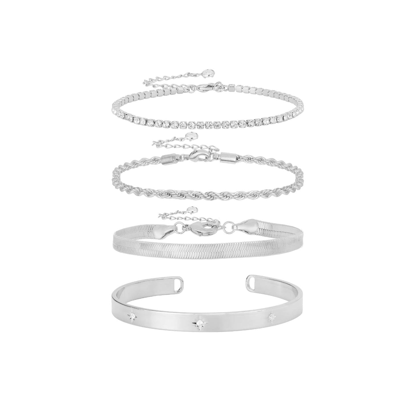 Gold Bracelets for Women 14K Gold Plated Stack Trend Bracelets Charm Paperclip Chain Cuban Link Layered Waterproof Bracelet Dainty Bracelet for Women Jewelry Gifts (Silver)
