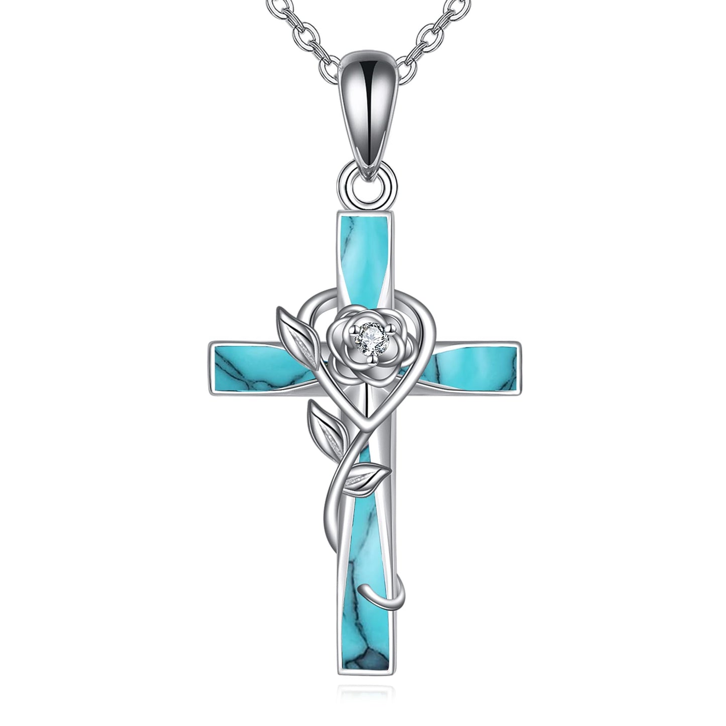 ONEFINITY Turquoise Cross Necklace 925 Sterling Silver Rose Flower Cross Pendant Turquoise Jewelry Gifts For Women