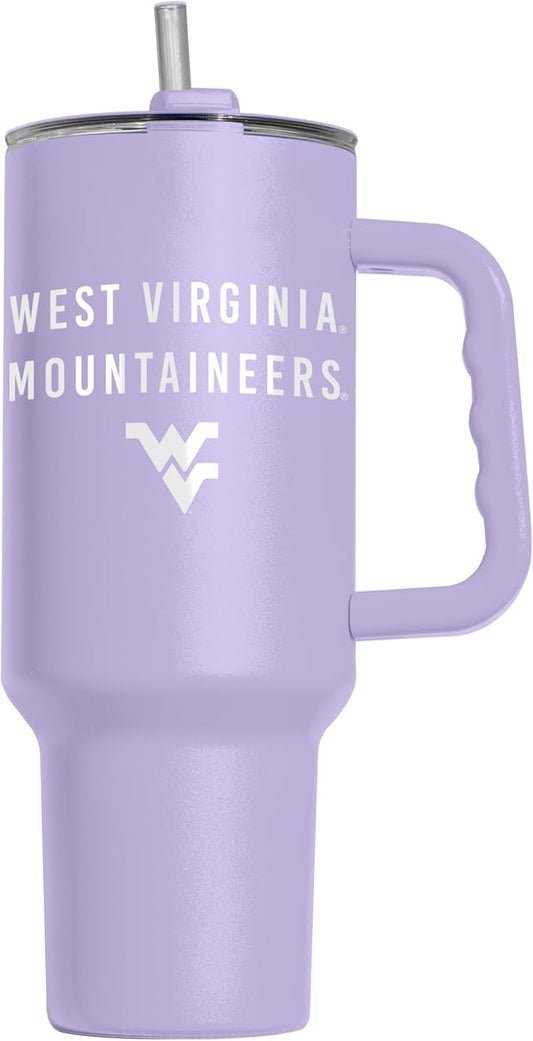 Logo Brands NCAA West Virginia Mountaineers Lavender 40 oz Tumbler with Handle - Stylish Everyday Use Powder Coated-Stainless Steel with Straw- Keeps Cold For Hours