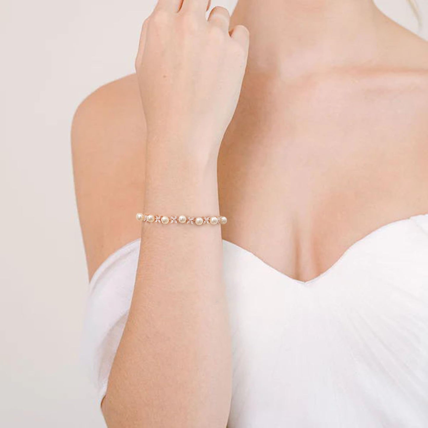 EVER FAITH Wedding Jewelry for Bride White Marquise Cubic Zirconia Cream Faux Pearl Floral Bridal Prom Tennis Bracelet for Women Clear Rose Gold-Plated-Brass
