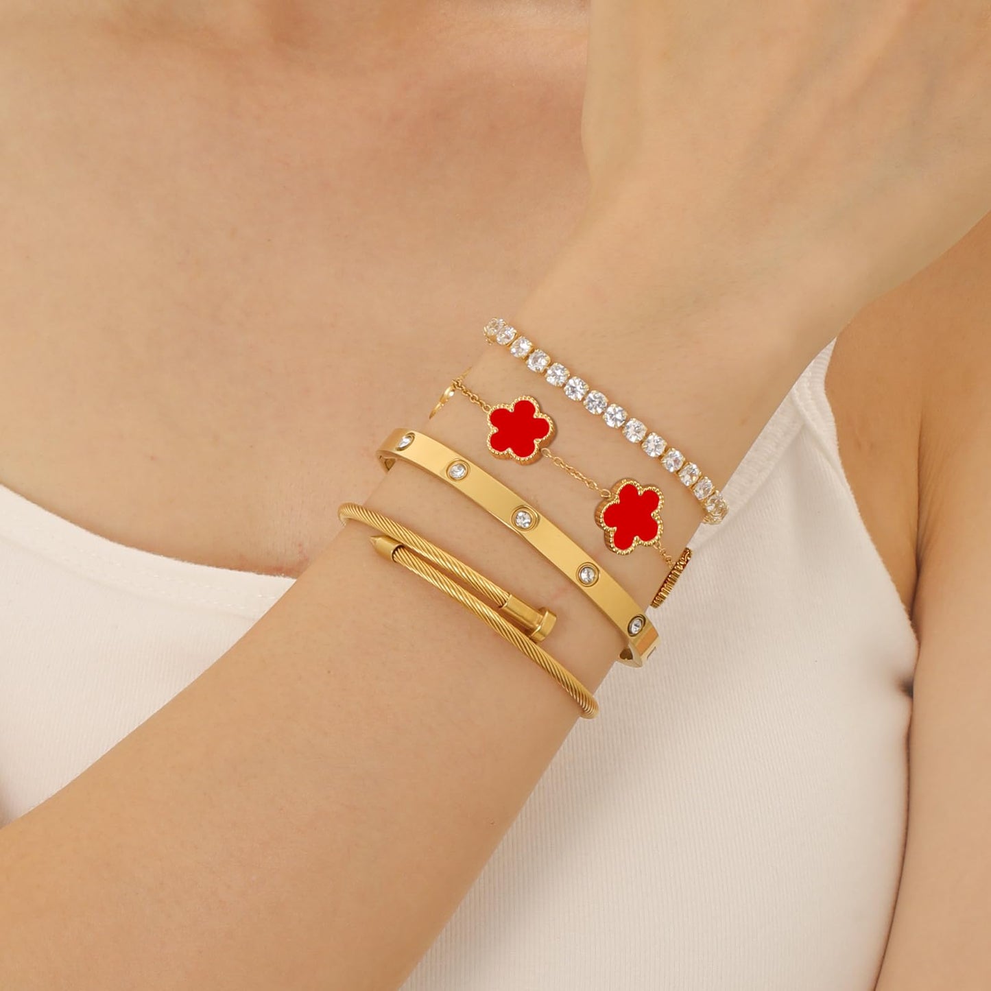 Gold Bracelets for Women, 18K Gold Plated Women Tennis Bracelets Clover Nail Love Bangle Bracelet Set, Gold Bracelet Stackable Set Trendy Jewelry, Gifts for Women's Day and Mother's Day (05-Color-red)