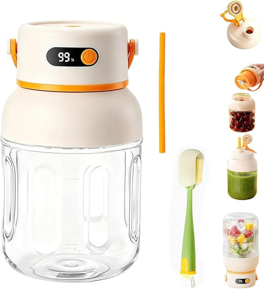 Portable Electric Juicer Cup with Zero Cord Hassle, 33 Oz Cordless Personal Juicer Cup, Digital Display Portable Juicers Blender with Stainless Steel Blades, USB-C (orange-1000ml)