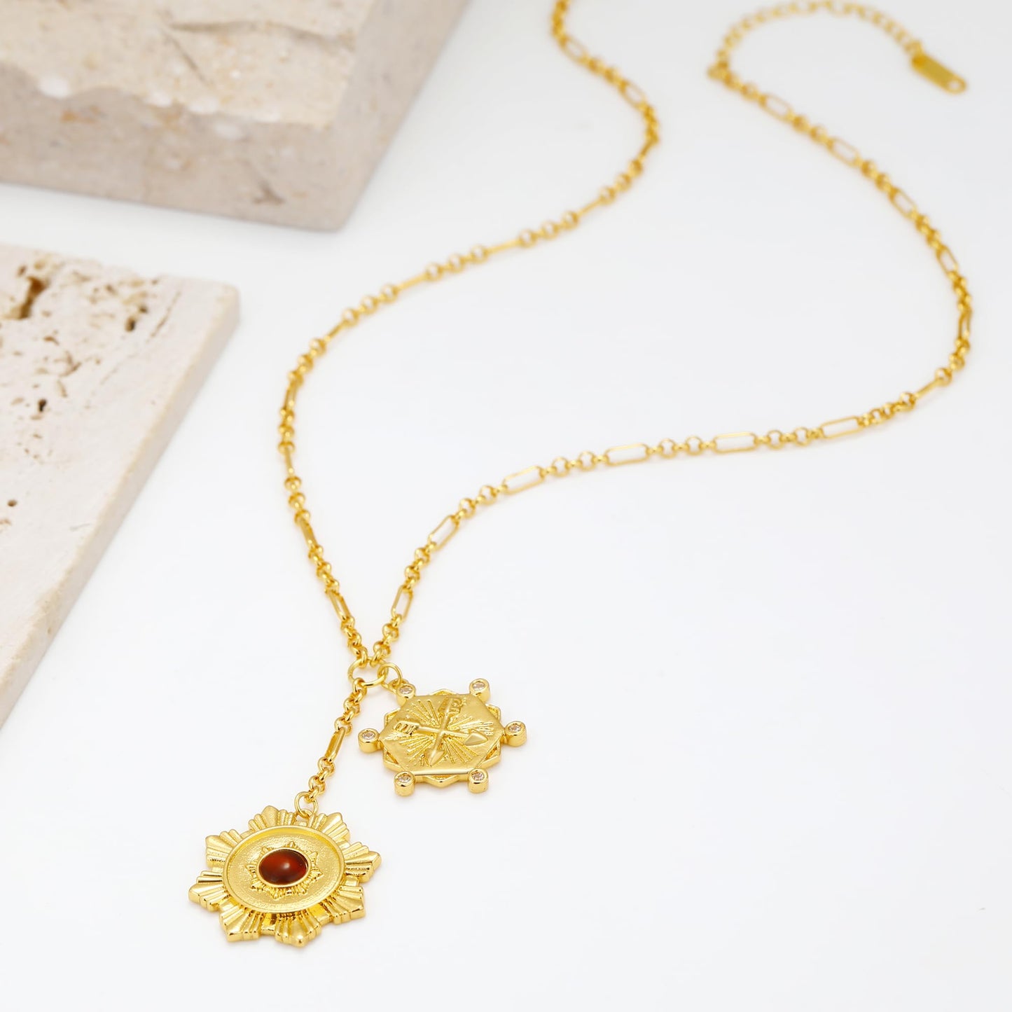 BONJOULRY Chunky Gold Flower Sun Coin Charm Pendant Necklace with Tiger Eye Bead for Women 18K Gold Plated Dainty Link Chain Choker Necklaces Trendy Celestial Jewelry Holiday Gift