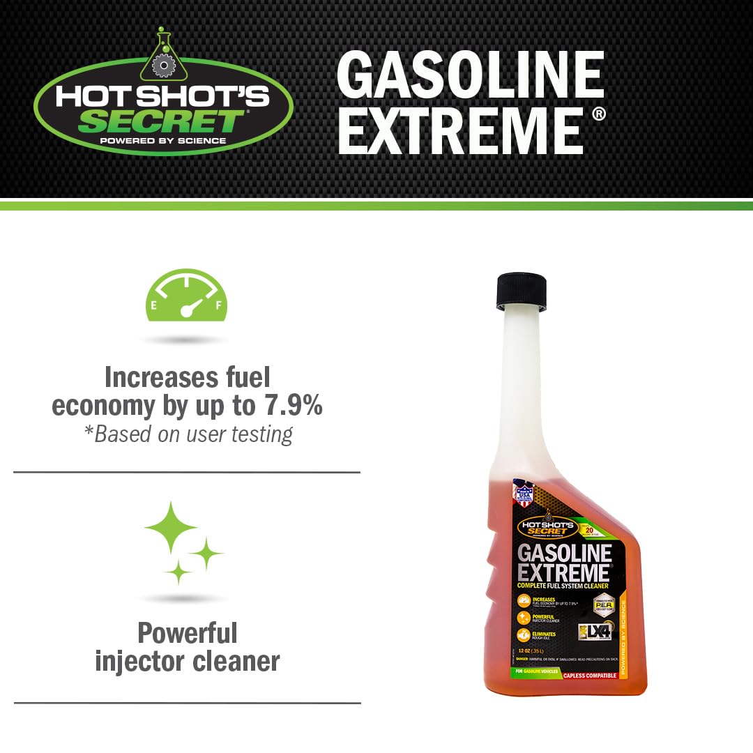 Hot Shot’s Secret Gasoline Extreme 12 oz – Treats 20 Gallons – Concentrated Fuel Additive for Gasoline Engines, Fuel System and Injector Cleaner, Restores Engine Performance