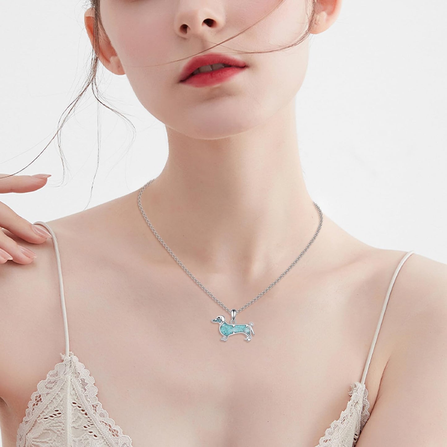 HKPATOP Dachshund Necklace 925 Sterling Silver Turquoise Dog Pendant Animal Jewelry Gift for Women Men