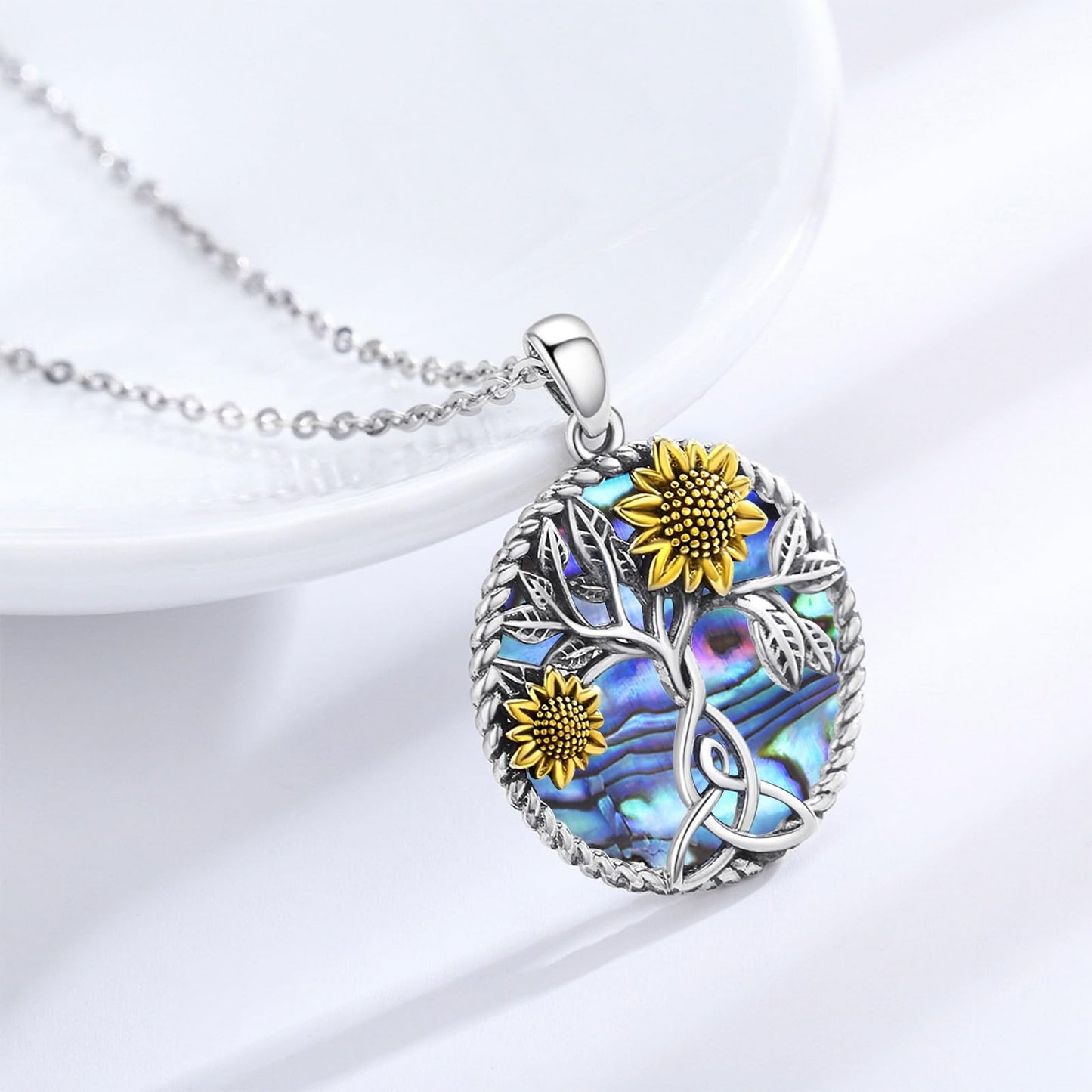 CHENGHONG Sunflower Abalone Necklace 925 Sterling Silver Tree of Life Pendant Necklace You are My Sunshine Sunflower Jewelry Gifts for Women
