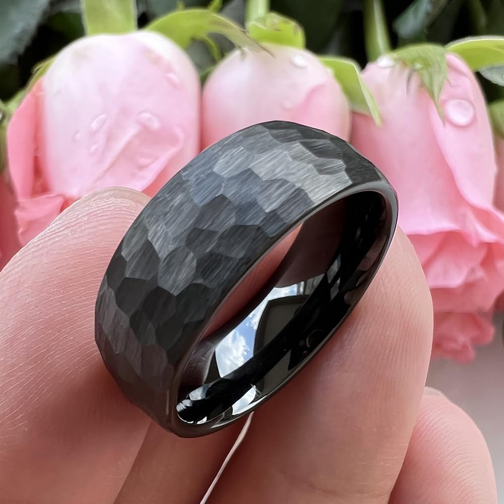 TUTISS 8mm Black Hammered Tungsten Carbide Rings for Men Women Engagement Wedding Bands Domed I Love You Engraved Comfort Fit Size 9