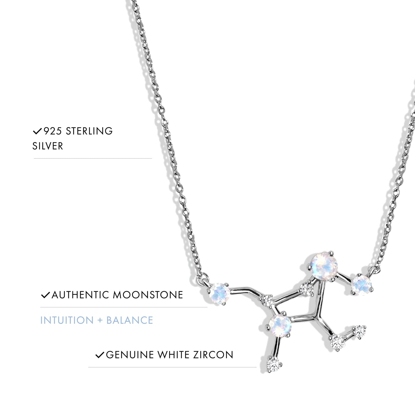 Moon Magic Moonstone Necklace - Virgo Zodiac Constellation / 925 Sterling Silver - 18k Rose Gold - Yellow Gold Rainbow Moonstone Necklaces for Women/Authentic Rainbow Crystal Jewelry