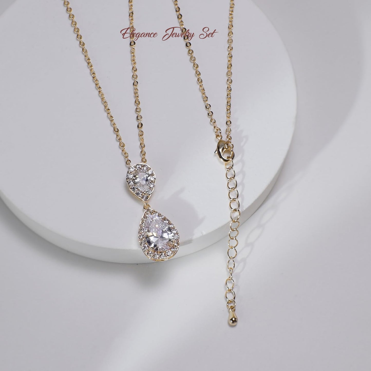 UDYLGOON Bridal Jewelry Set for Women, Cubic Zirconia Teardrop Bride Bridesmaid Necklace and Earrings Set for Wedding Prom Formal (14K Gold Plated)