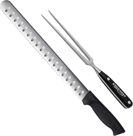 Ergo Chef Prodigy Series 2pc. Set 12-Inch Slicer - Brisket, Roast Carving Knife and Pro Series 8-Inch Meat Carving Fork