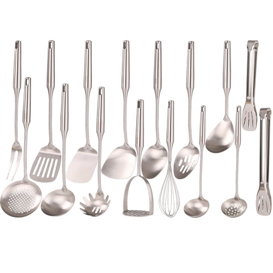 18/10 Stainless Steel Cooking Utensils Set - 16 PCS All Metal Small & Large Kitchen Spoons, Serving Utensils - Whisk, Masher, Fork, Tongs, Solid/Slotted Spoon, Spatula, Turner, Ladle, Skimmer, Pasta