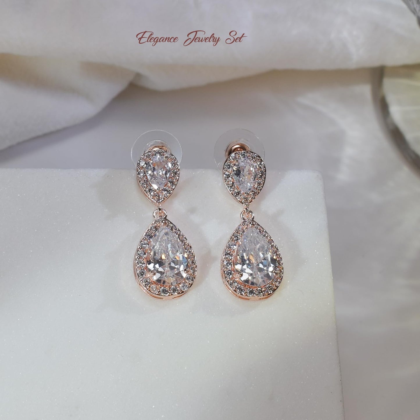 UDYLGOON Bridal Jewelry Set for Women, Cubic Zirconia Teardrop Bride Bridesmaid Necklace and Earrings Set for Wedding Prom Formal (Rose Gold Plated)