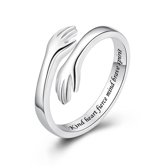 ACJFA Hug Rings for Women Sterling Silver Adjustable Ring for Women Daughter Hand Ring Jewelry for Birthday Gifts Holiday Gift for Teens(Kind heart fierce mind brave spirit)