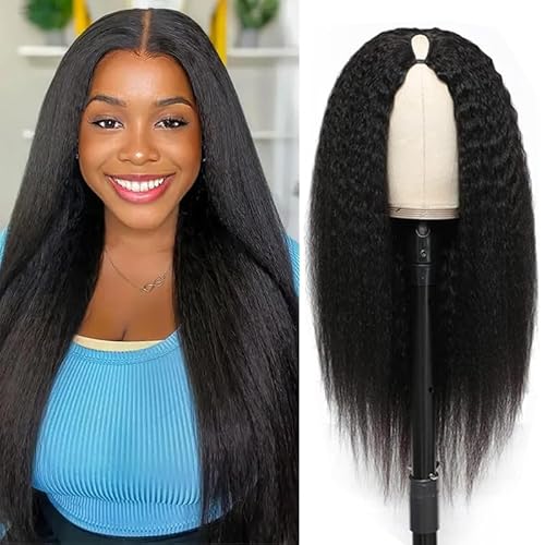 V Part Wigs Human Hair Kinky Straight Human Hair Wig Upgrade U Part Human Hair Wig for Black Women V Part Half Wigs Glueless Wear and Go No Leave Out No Sew In 180% Density Natural Color 20 inch