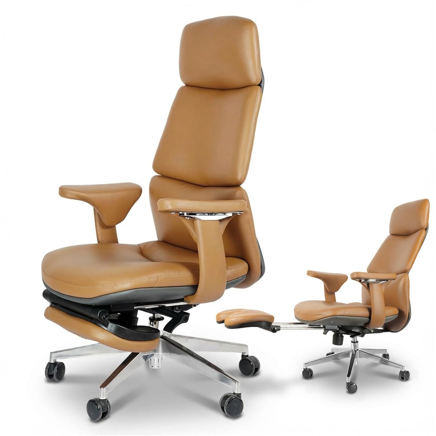 FurniBaron Genuine Leather Office Chair with Flexible Footrest, High Back Executive Office Chair with Lumbar Support, Adjustable Tilt Mechanism, Weight Capacity 400 lbs (Brown)