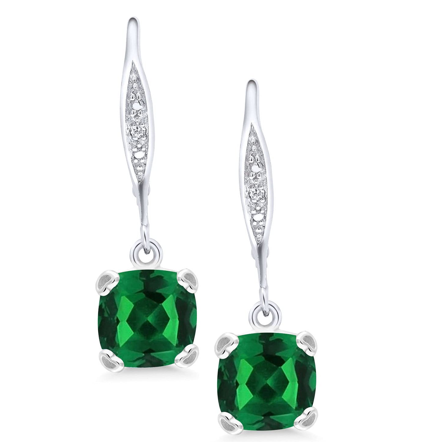 Gem Stone King Drop Dangle Earrings For Women | 7MM Cushion Cut Gemstone Birthstone and Diamond | 925 Sterling Silver | Jewelry Gift for Mom Wife Her | Nano Emerald-May | 925 Sterling Silver