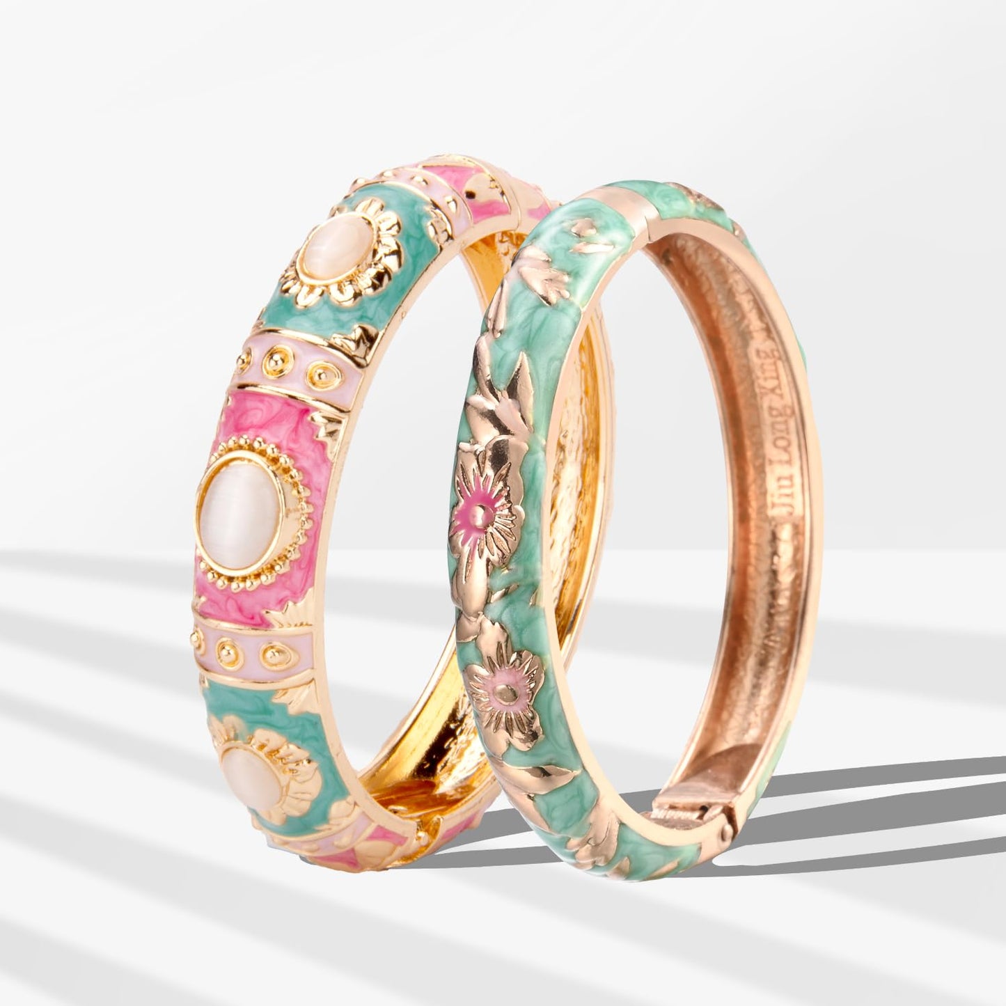 UJOY Vintage Cloisonne Jewelry Bracelet Gold Plated Handmade Bead Rhinestones Enamel Spring Cuff Bangles 2 Pcs Set for Womens Gift 7735-55A103 Pink Green