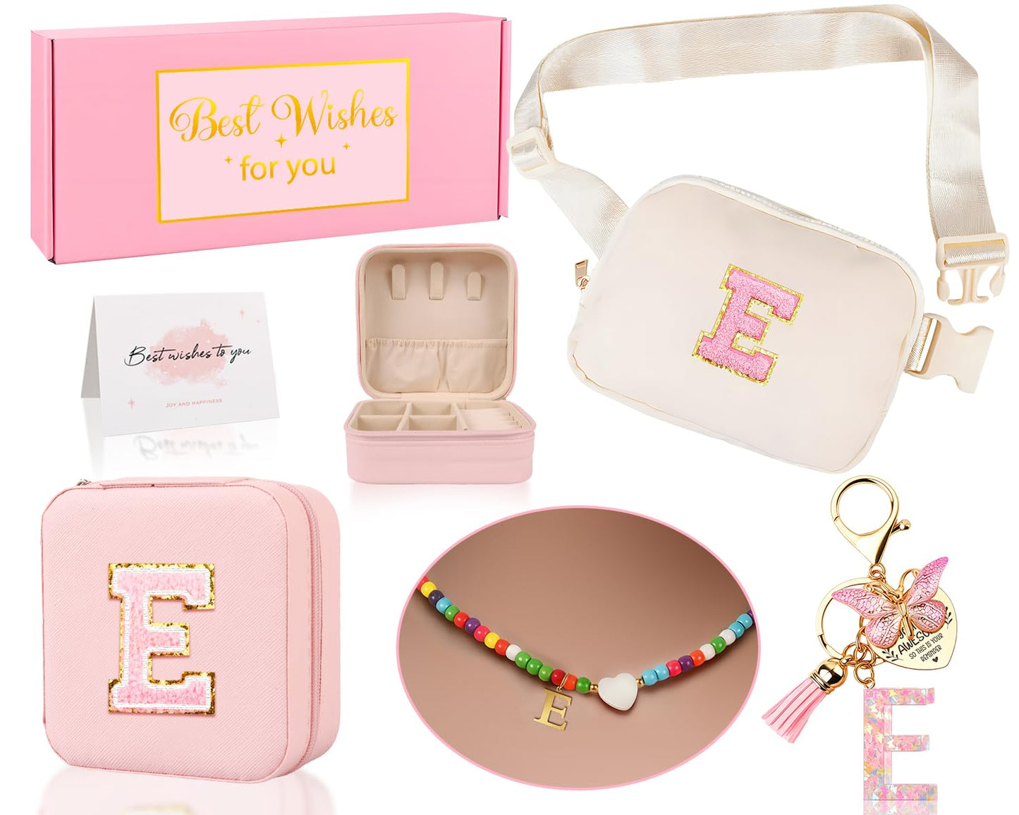 Funny Pack for Grandkids Teen Girls Gift, Birthday Gifts for 4 5 6 7 8 9 10 11 12 13 Year Old Girls, Initial Fanny Pack, Teen Girl Gift Trendy Stuff Crossbody Bag Set for Teens, Back To School, E