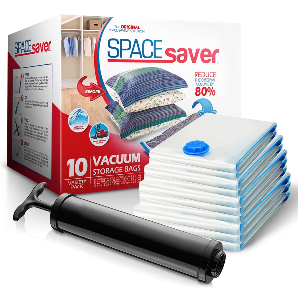 10-Pack Variety Vacuum Storage Bags for Comforters, Blankets & Clothes – Vacuum Sealed Compression Bags with Hand Pump – Space Saver Storage Bags for Bedding,Travel & Organization (2S, 2M, 3L & 3XL)