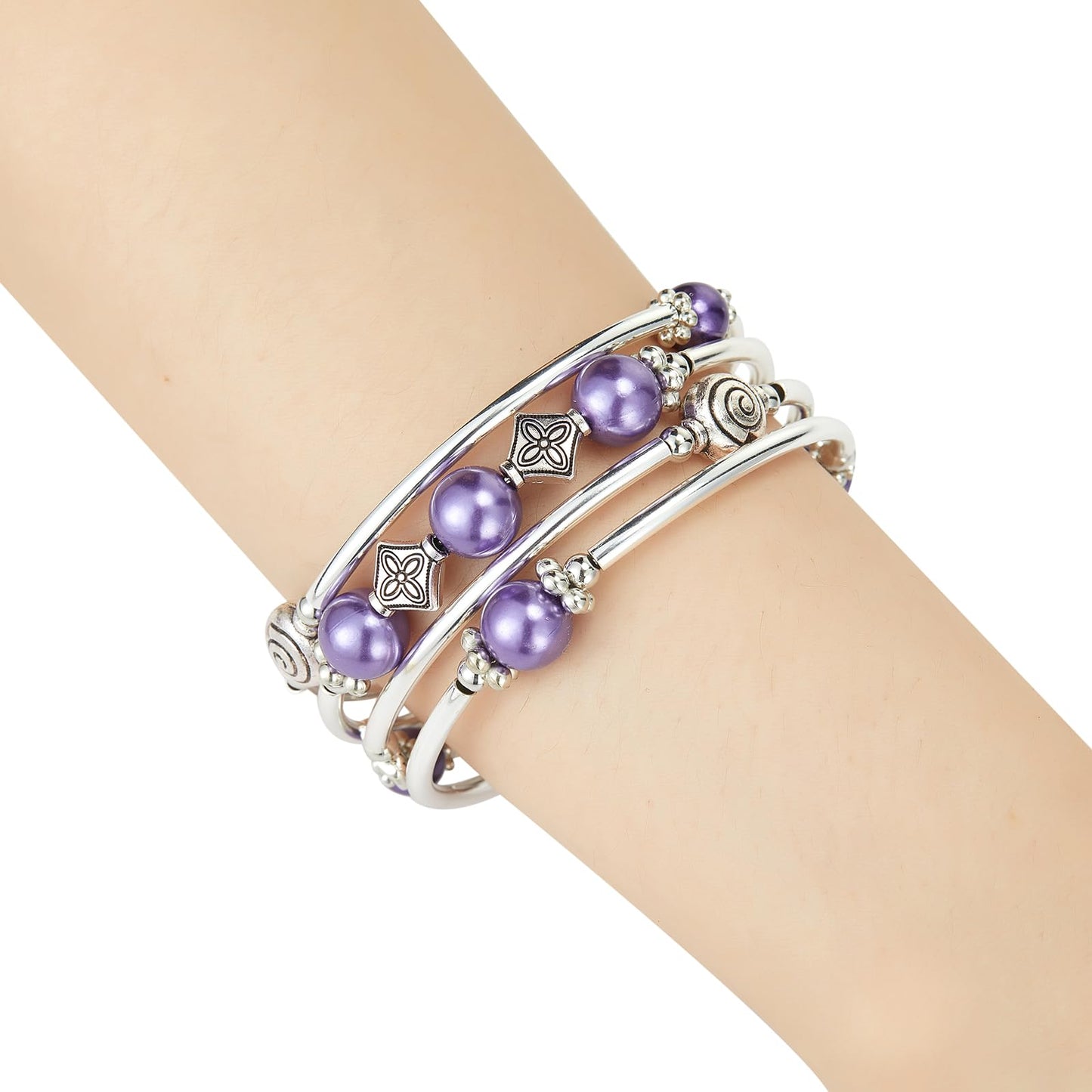 Beaded Pearl Bangle Wrap Bracelet - Fashion Bohemian Jewelry Multilayer Charm Bracelet with Thick Silver Metal Beads, Gift For Women(Purple pearl)