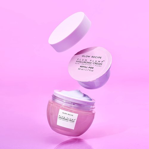 Glow Recipe Plum Plump Hyaluronic Acid Face Cream (50 ml) + Refill Pod (50 ml) - Dewy Glow Hydrating Skin Moisturizer to Plump, Balance & Brighten Skin - With Refillable Eco Pod to Replenish Cream Jar