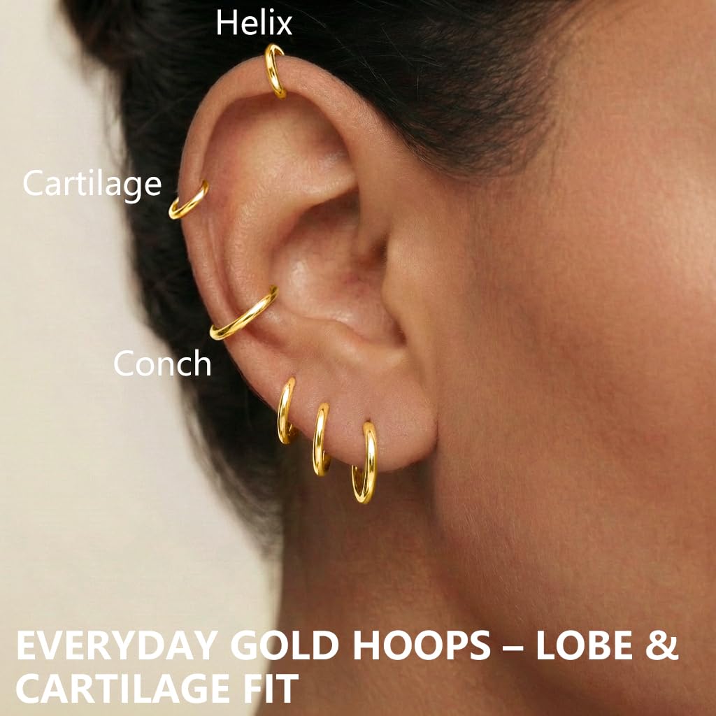 Gokeey Small Gold Huggie Hoop Earrings Set for Women 14K Real Gold Plated Hypoallergenic Lightweight Earrings for Sensitive Ears Everyday Earrings for Cartilage Piercings 8mm