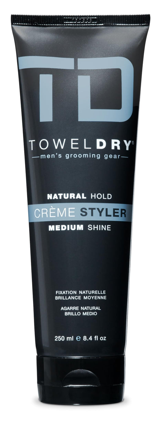 Towel Dry Creme Styler Natural Hold + Medium Shine - Men's Hair Styling Super-Lightweight Smoothing Cream - Hold 2/10 - Easy Washout Formula - Men's Grooming Gear, Made in USA, 8.4 fl oz (250ml)