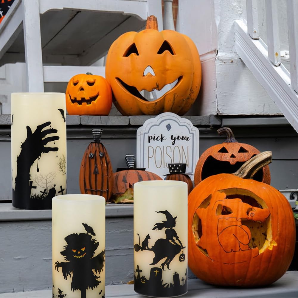 DRomance Halloween LED Flameless Pillar Candles Battery Operated Remote and Timer Real Wax Yellow Light Flickering Scarecrow Witch Ghost Hand Decals Halloween Candles Decoration Gifts(3 x 6 Inches)