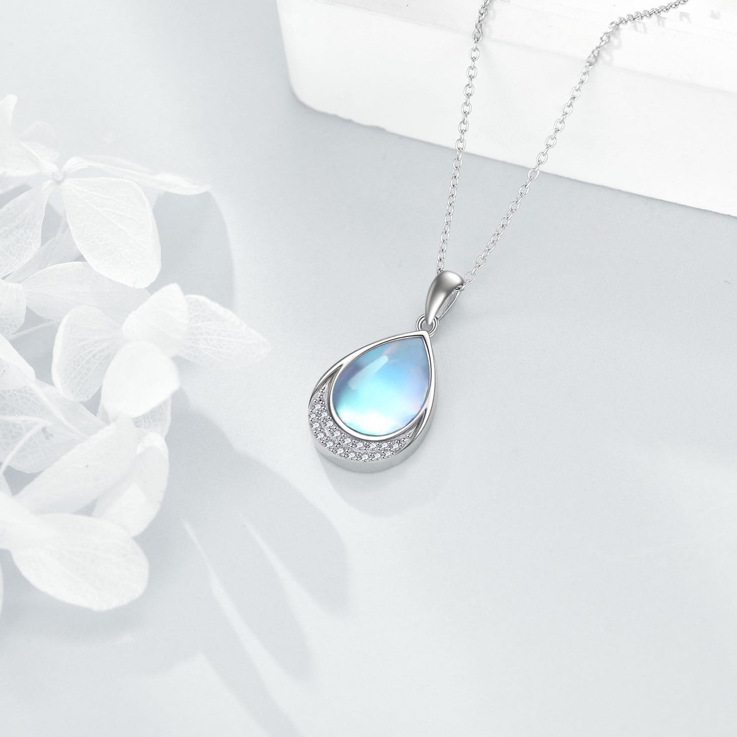 YAFEINI Moonstone Necklace 925 Sterling Silver Cubic Zirconia Teardrop Pendant Necklace Jewelry for Women(V-Cubic Zirconia Moonstone Necklace)