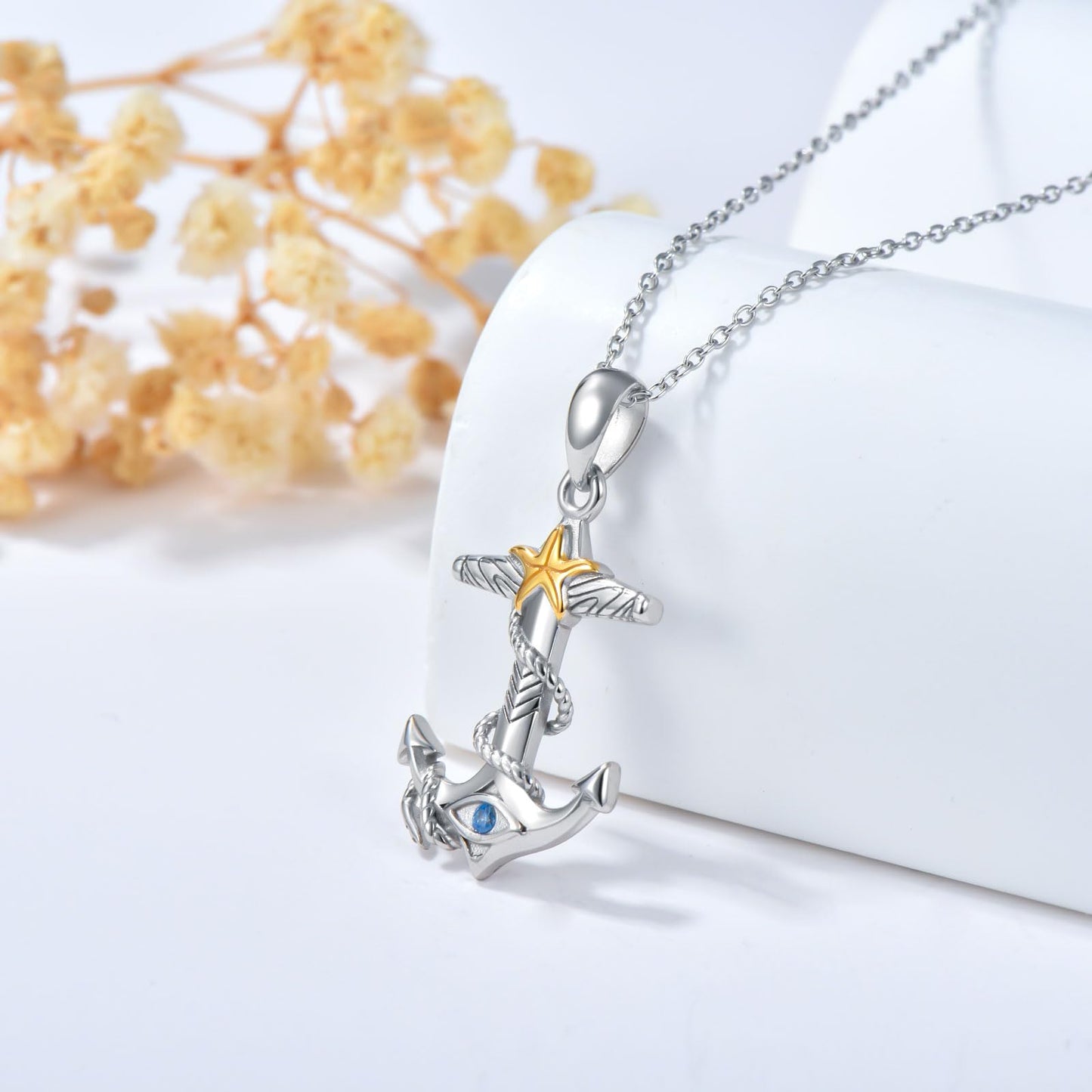 PROESS Anchor starfish Necklace 925 Sterling Silver Evil Eye Pendant Necklace Nautical Anchor Jewelry Gifts For Women Men