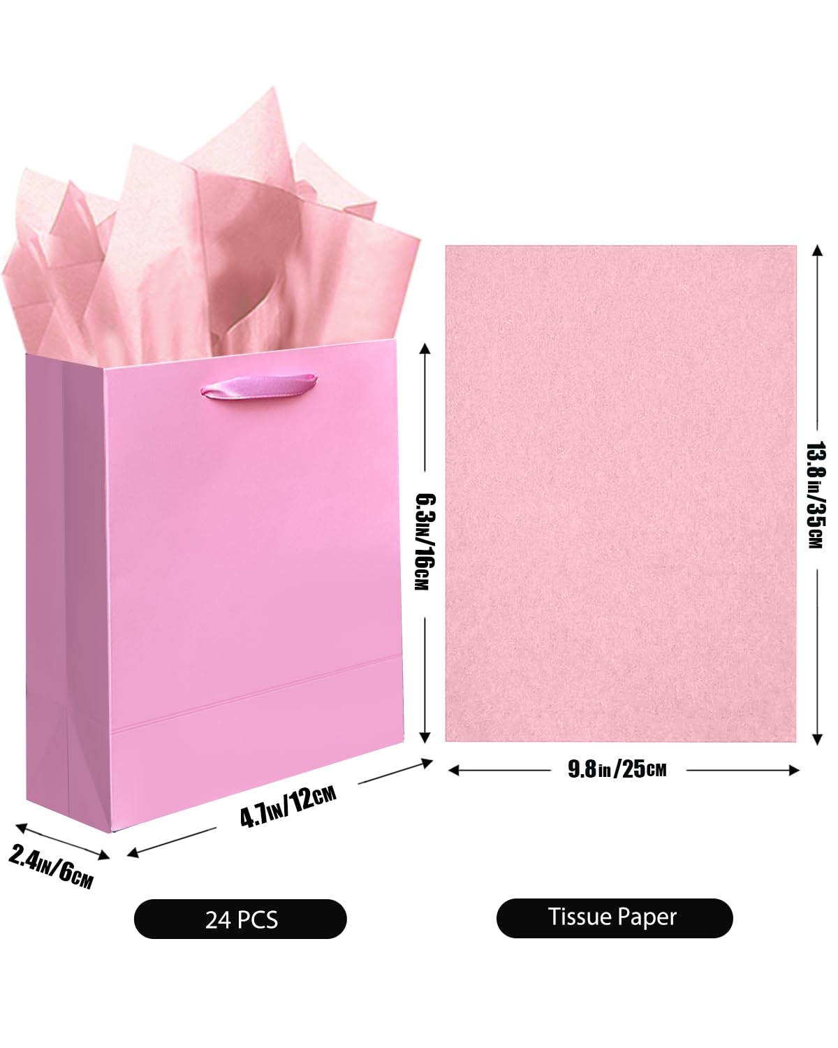 qiqee 24pcs Pink Gift Bags with Tissue Paper for Wedding, Birthday, Party Supplies-4.7"x6.3"x2.4" Small Size Cardboard Gift Bags（24pcs Bags + Tissue Paper ）