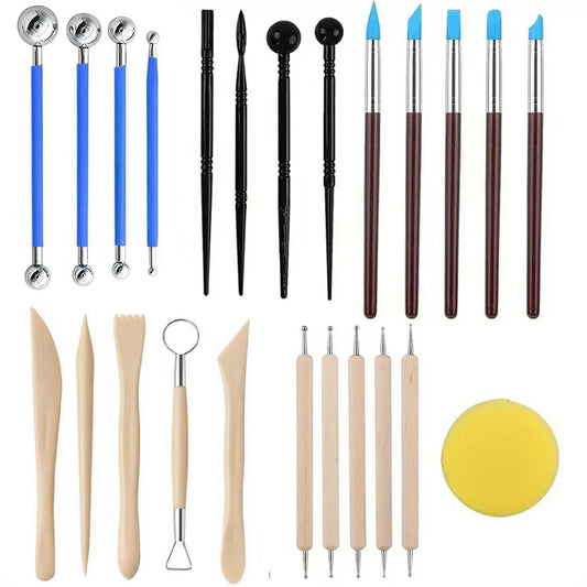 24Pcs Clay Sculpting Tool Set, Polymer Clay Kit with Ball Stylus Pens, Silicone Sculpting Brushes, Wooden Carving Tools & Smoothing Sponge, Professional Pottery Modeling Tools for Ceramic& DIY Crafts